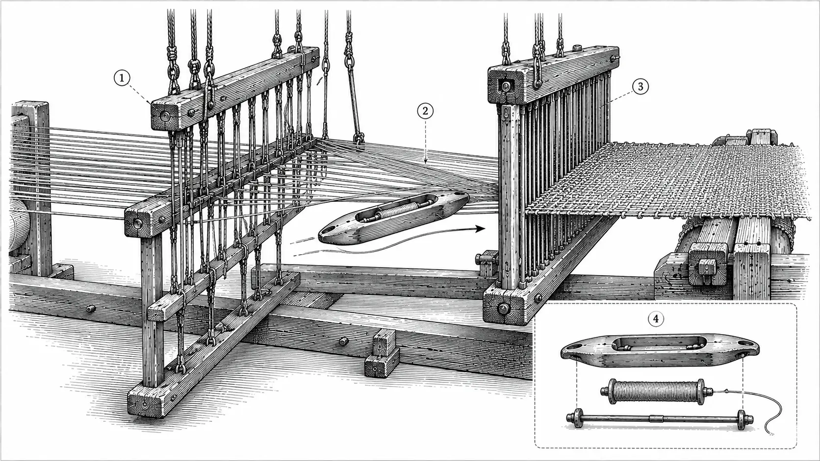 Ink drawing of heddle, shed and warp mechanism in 19th century looms.