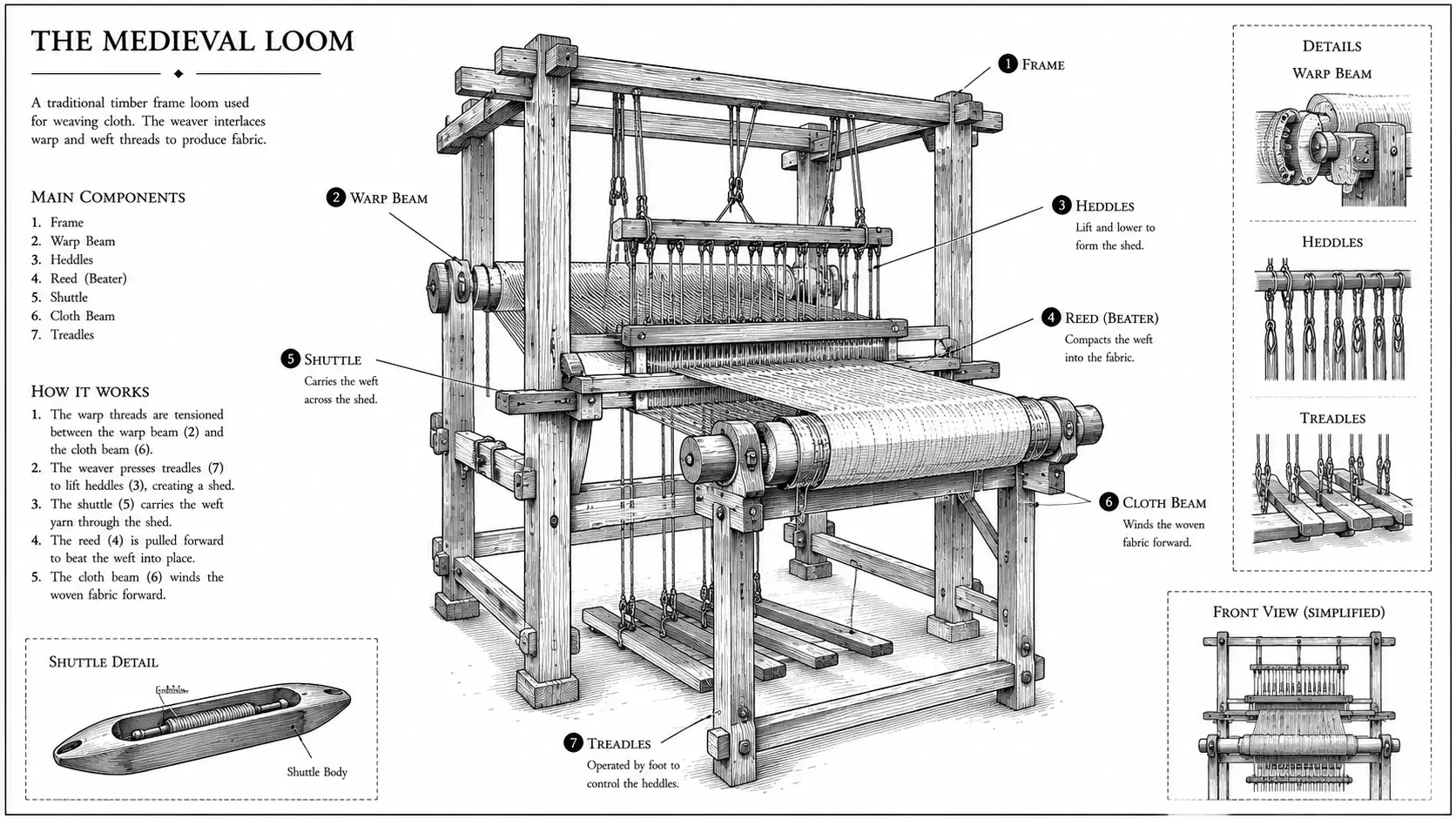 A schematic depiction of a medieval loom. Main components are labeled and explained, particular attention to the shuttle element.