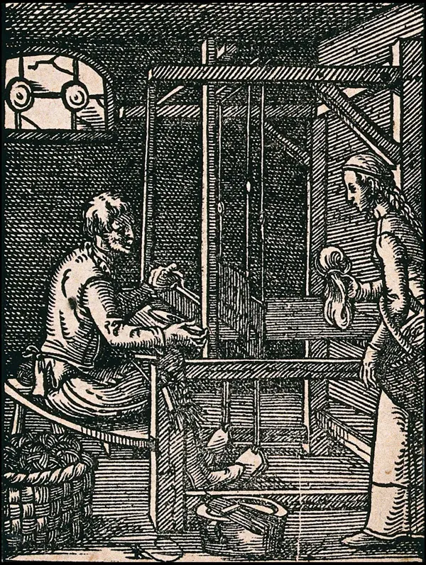 A medieval incision portraying a loom with two people working on the weaving