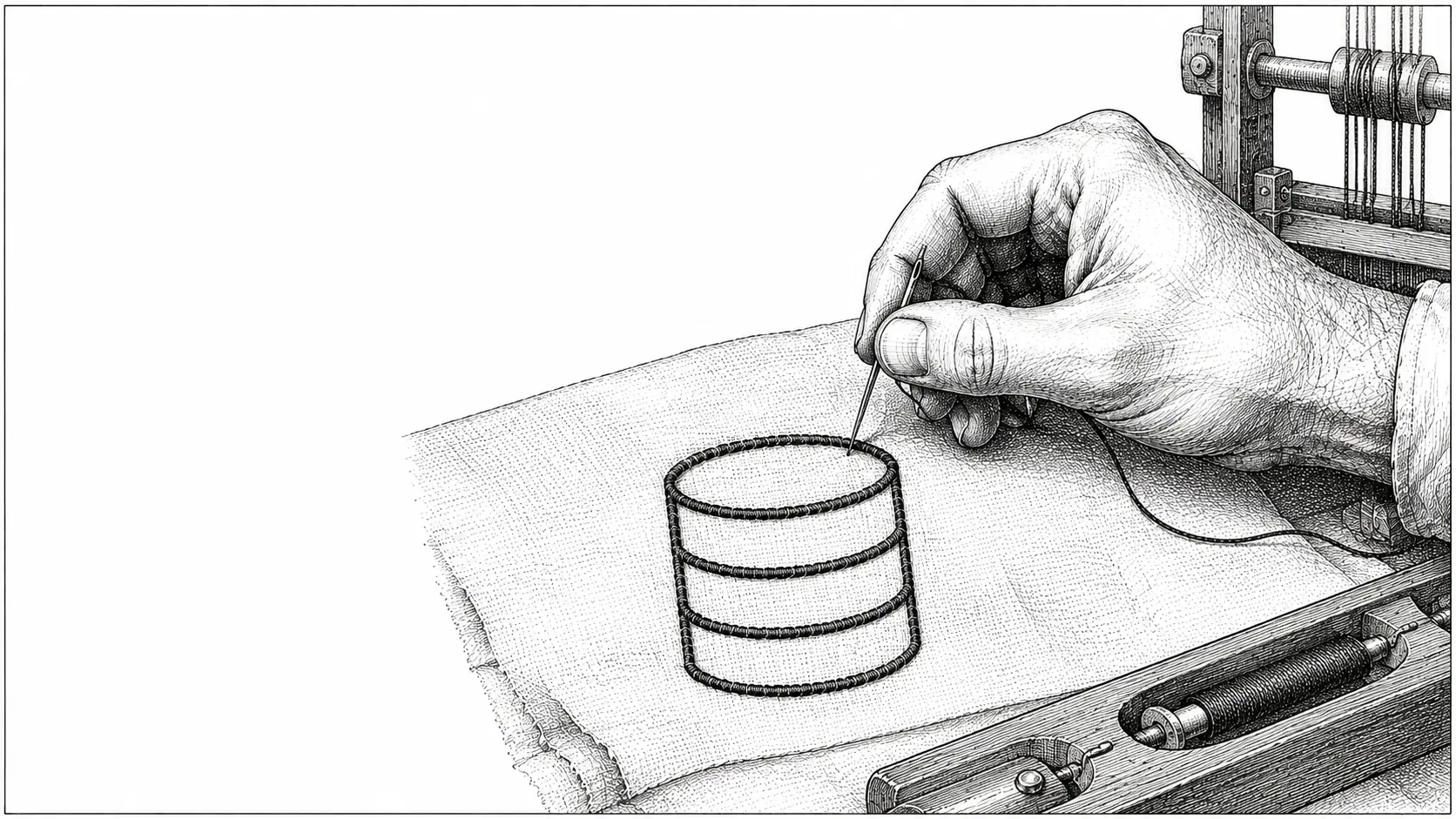 A human hand stitching a database icon on a piece of cloth.