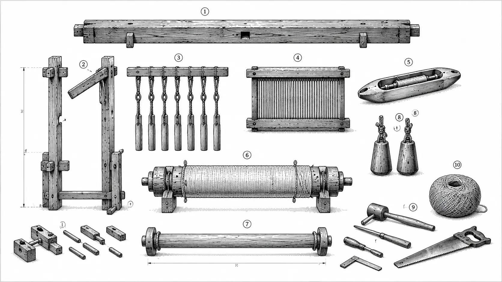 Ink drawing of the various components needed to assemble a medieval loom.